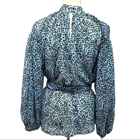 ASOS Blue Animal Print Belted Puff Sleeve Sheer Blouse - Picture 6 of 13